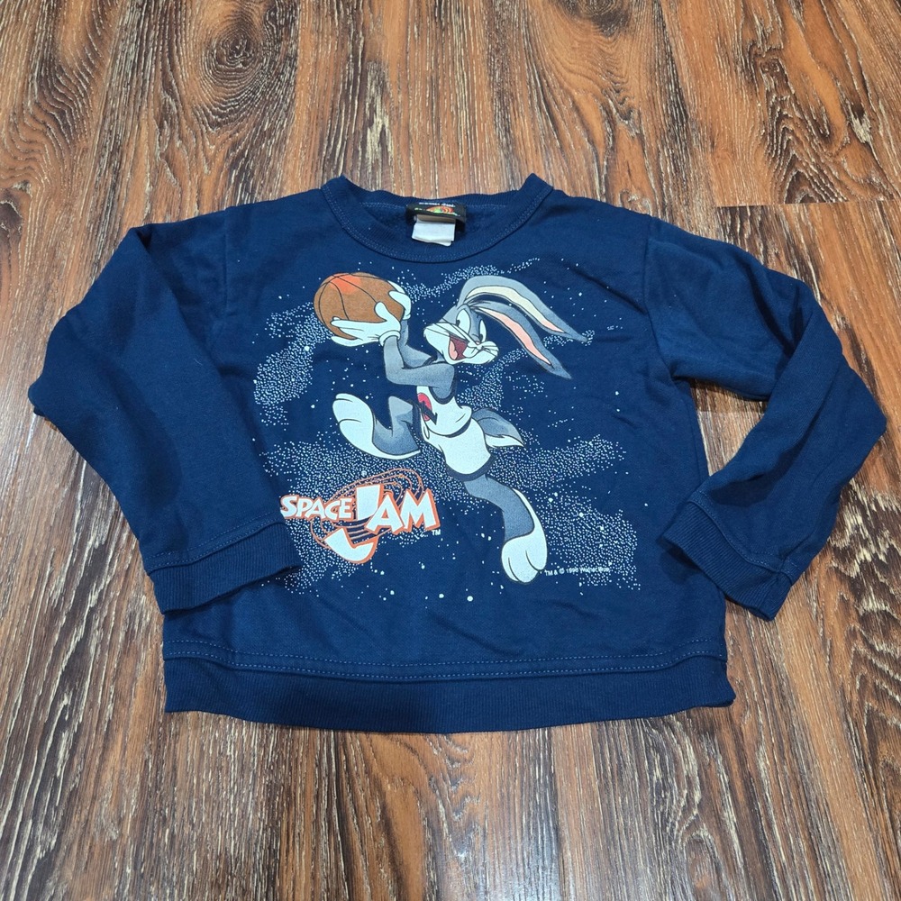 Warner Bros Size 5 Space Jam Kids Navy Blue Bugs Bunny 1996 Vintage Sweatshirt